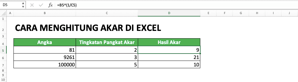 Cara Menghitung Akar di Excel Beserta Berbagai Rumus dan Fungsinya - Screenshot Contoh Penggunaan Cara Penulisan Rumus Akar Secara Manual di Excel