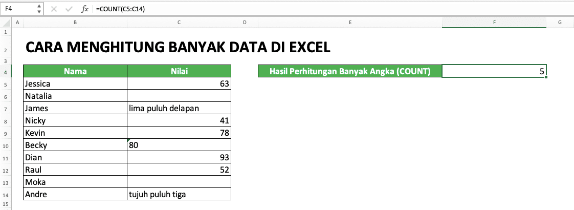 Cara Menghitung Banyak Data di Excel: Berbagai Rumus Serta Fungsinya - Screenshot Contoh COUNT