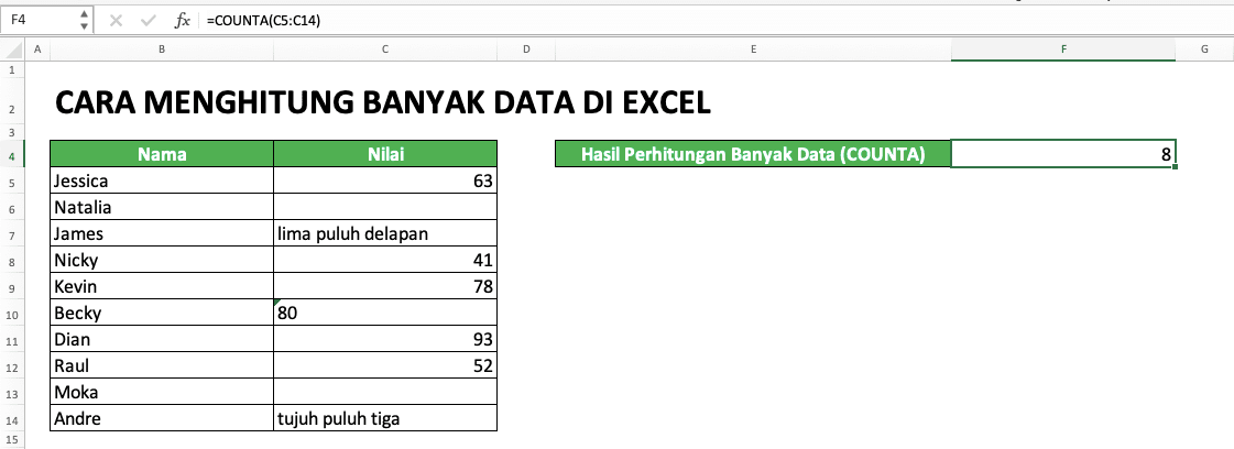 Cara Menghitung Banyak Data di Excel: Berbagai Rumus Serta Fungsinya - Screenshot Contoh COUNTA