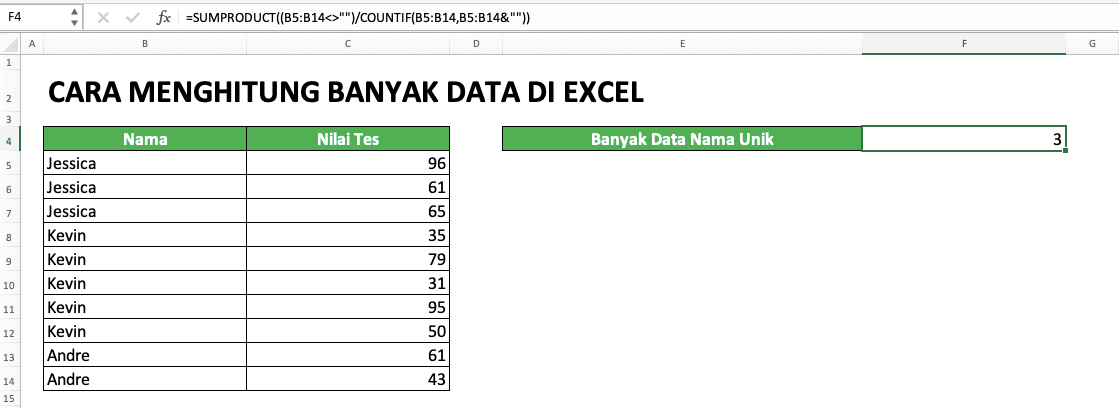 Cara Menghitung Banyak Data di Excel: Berbagai Rumus Serta Fungsinya - Screenshot Contoh SUMPRODUCT COUNTIF