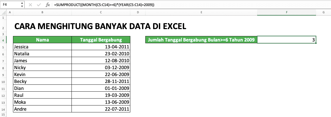 Cara Menghitung Banyak Data di Excel: Berbagai Rumus Serta Fungsinya - Screenshot Contoh SUMPRODUCT DAY/MONTH/YEAR