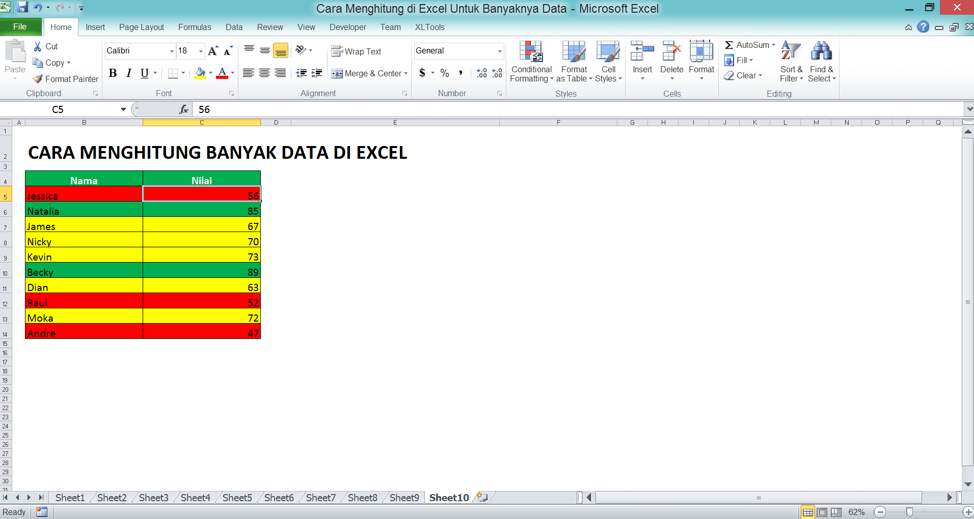 Cara Menghitung Banyak Data di Excel: Berbagai Rumus Serta Fungsinya - Screenshot Data Untuk Contoh Implementasi Perhitungan Angka Berdasarkan Warna