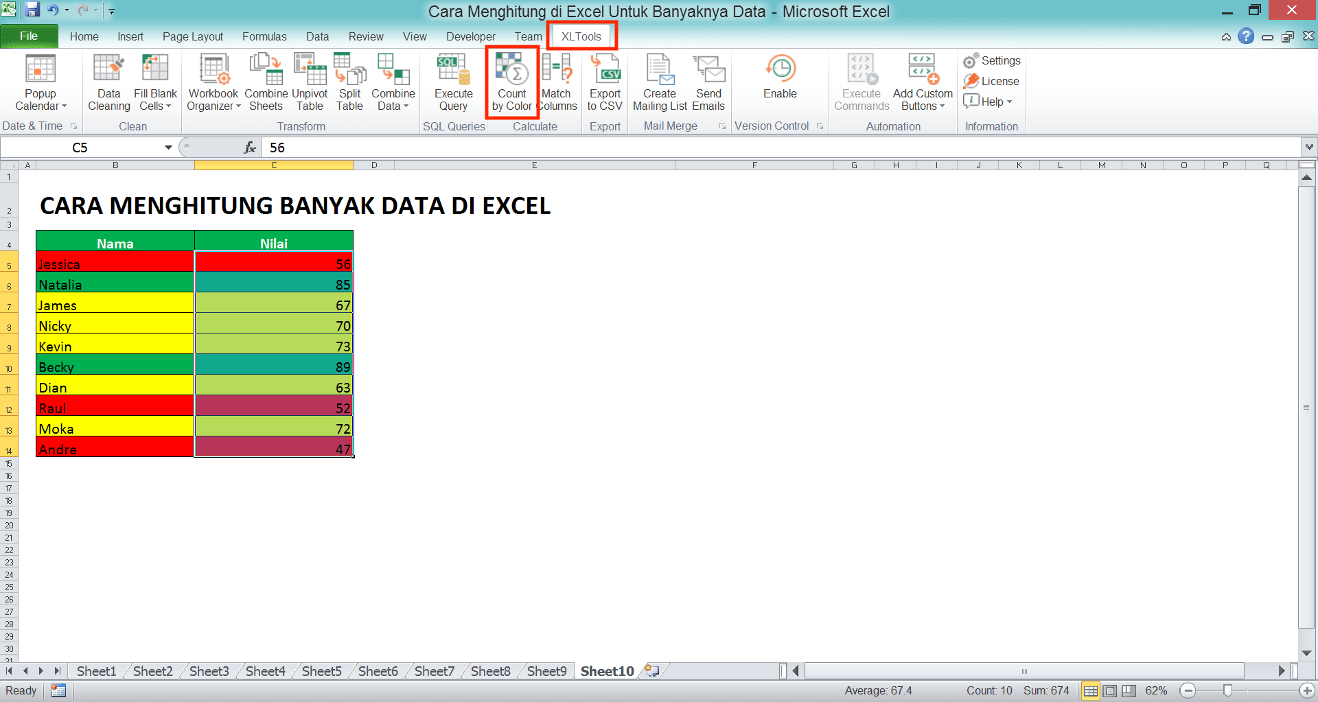 Cara Menghitung Banyak Data di Excel: Berbagai Rumus Serta Fungsinya - Screenshot Lokasi tab XLTools dan Tombol Count by Color di Excel