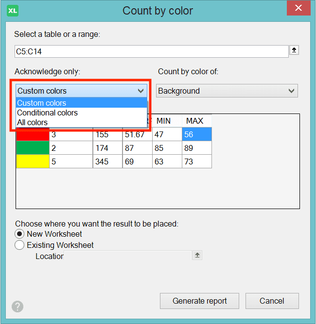 Cara Menghitung Banyak Data di Excel: Berbagai Rumus Serta Fungsinya - Screenshot Pilihan Dropdown Kiri di Dialog Box Count by Color XLTools
