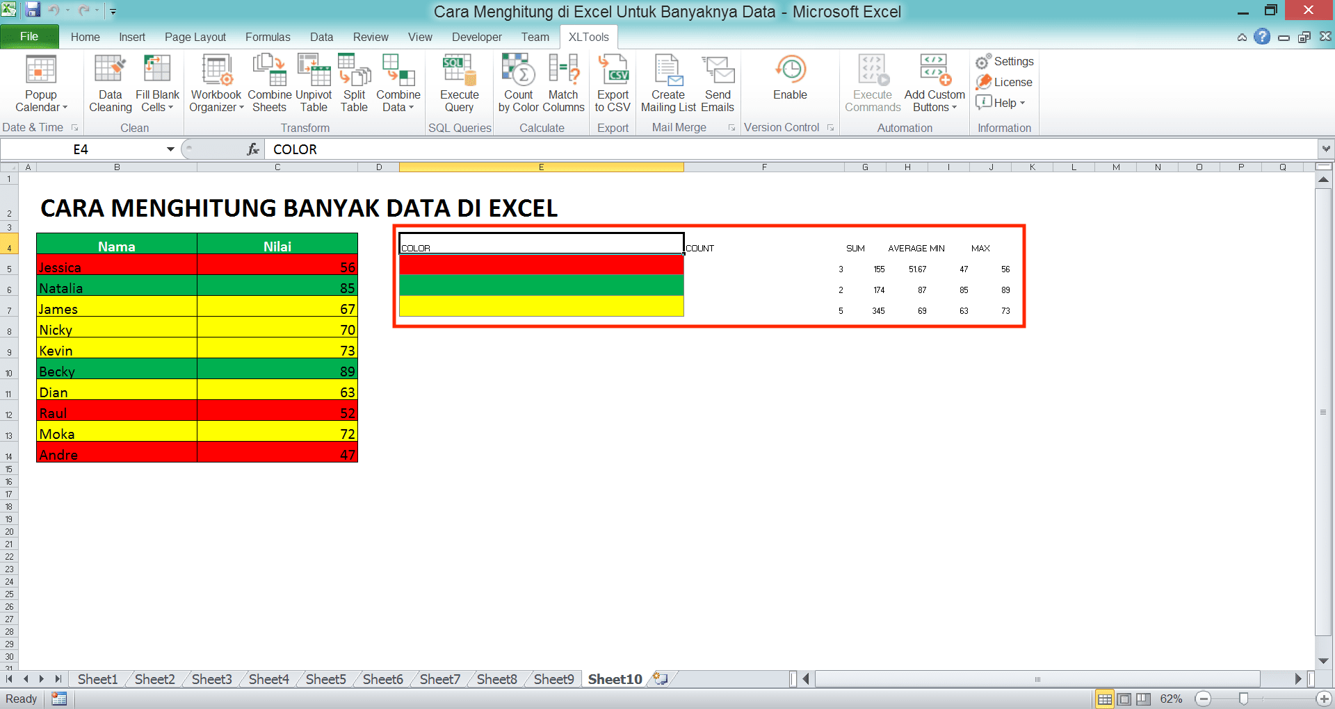 Cara Menghitung Banyak Data di Excel: Berbagai Rumus Serta Fungsinya - Screenshot Contoh Hasil Perhitungan Banyak Angka Dengan Warna Tertentu di Excel