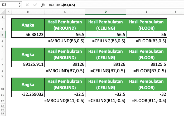 Cara Membulatkan Angka di Excel Menggunakan Berbagai Rumus Pembulatan Excel - Screenshot Contoh Pembulatan ke Kelipatan 0,5 di Excel