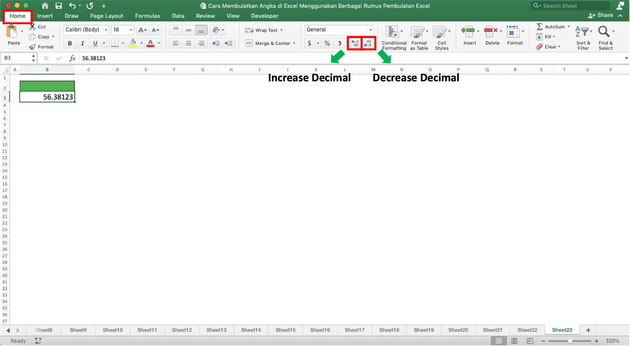 Cara Membulatkan Angka di Excel Menggunakan Berbagai Rumus Pembulatan Excel - Screenshot Lokasi Tombol Increase Decimal dan Decrease Decimal