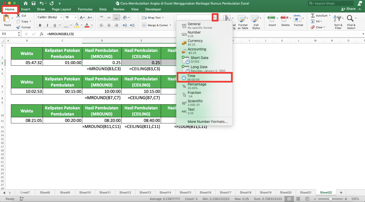 Cara Membulatkan Angka di Excel Menggunakan Berbagai Rumus Pembulatan Excel - Screenshot Lokasi Tab Home, Dropdown Format Data, dan Pilihan Format Data Time