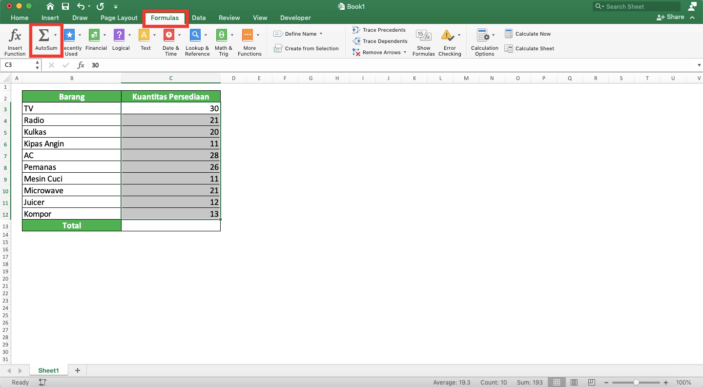 Cara Menjumlahkan di Excel Beserta Berbagai Rumus/Fungsinya - Screenshot Lokasi AutoSum di Tab Formulas