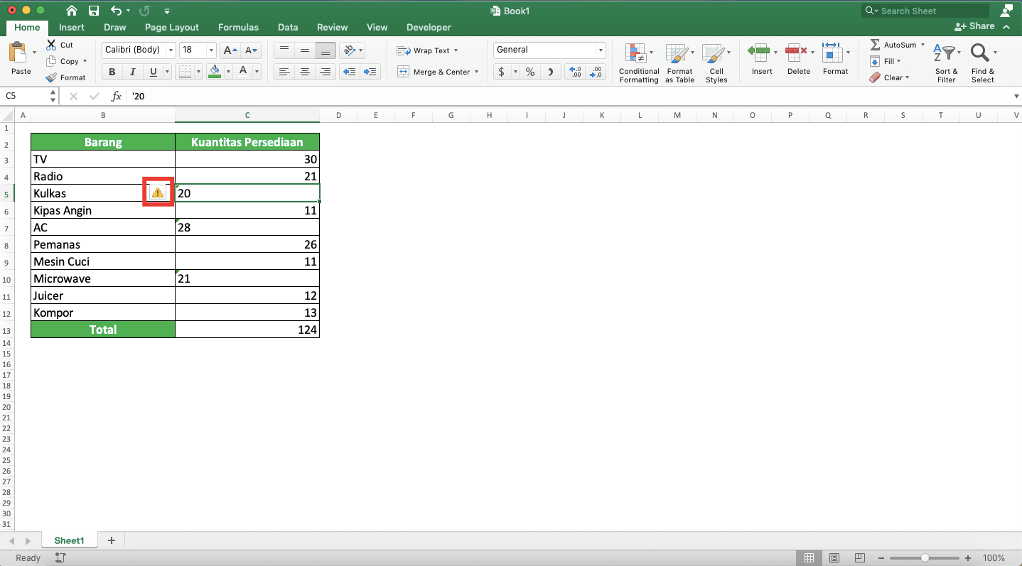 Cara Menjumlahkan di Excel Beserta Berbagai Rumus/Fungsinya - Screenshot Contoh Kotak Segitiga Tanda Seru di Excel