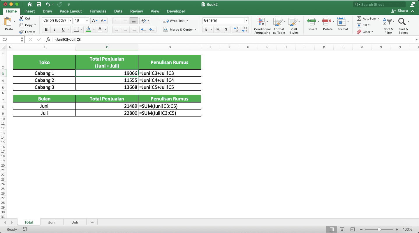 Cara Menjumlahkan di Excel Beserta Berbagai Rumus/Fungsinya - Screenshot Contoh Hasil Proses Penjumlahan Antar Sheet di Excel