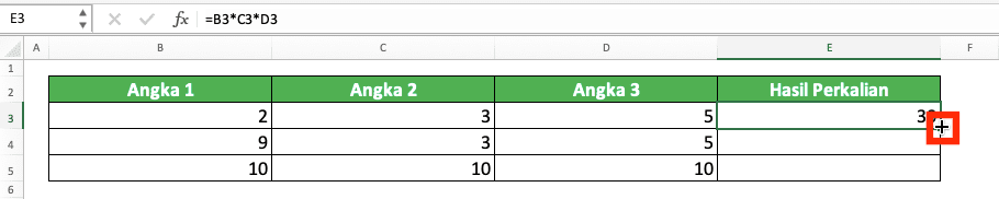 Cara Mengalikan di Excel Beserta Berbagai Rumus dan Fungsinya - Screenshot Contoh Tanda + Untuk Penyalinan Rumus Dalam Proses Perkalian Kolom