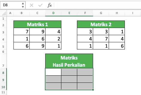 Cara Mengalikan di Excel Beserta Berbagai Rumus dan Fungsinya - Screenshot Contoh Penyorotan Cell Range Hasil Perkalian Matriks di Excel