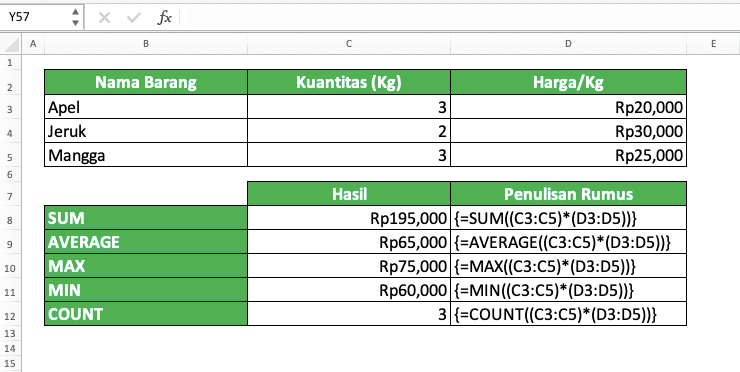 Cara Mengalikan di Excel Beserta Berbagai Rumus dan Fungsinya - Screenshot Contoh Penggunaan Rumus Array Untuk Kombinasi Perkalian Dengan Operasi Pengolahan Angka Lain di Excel