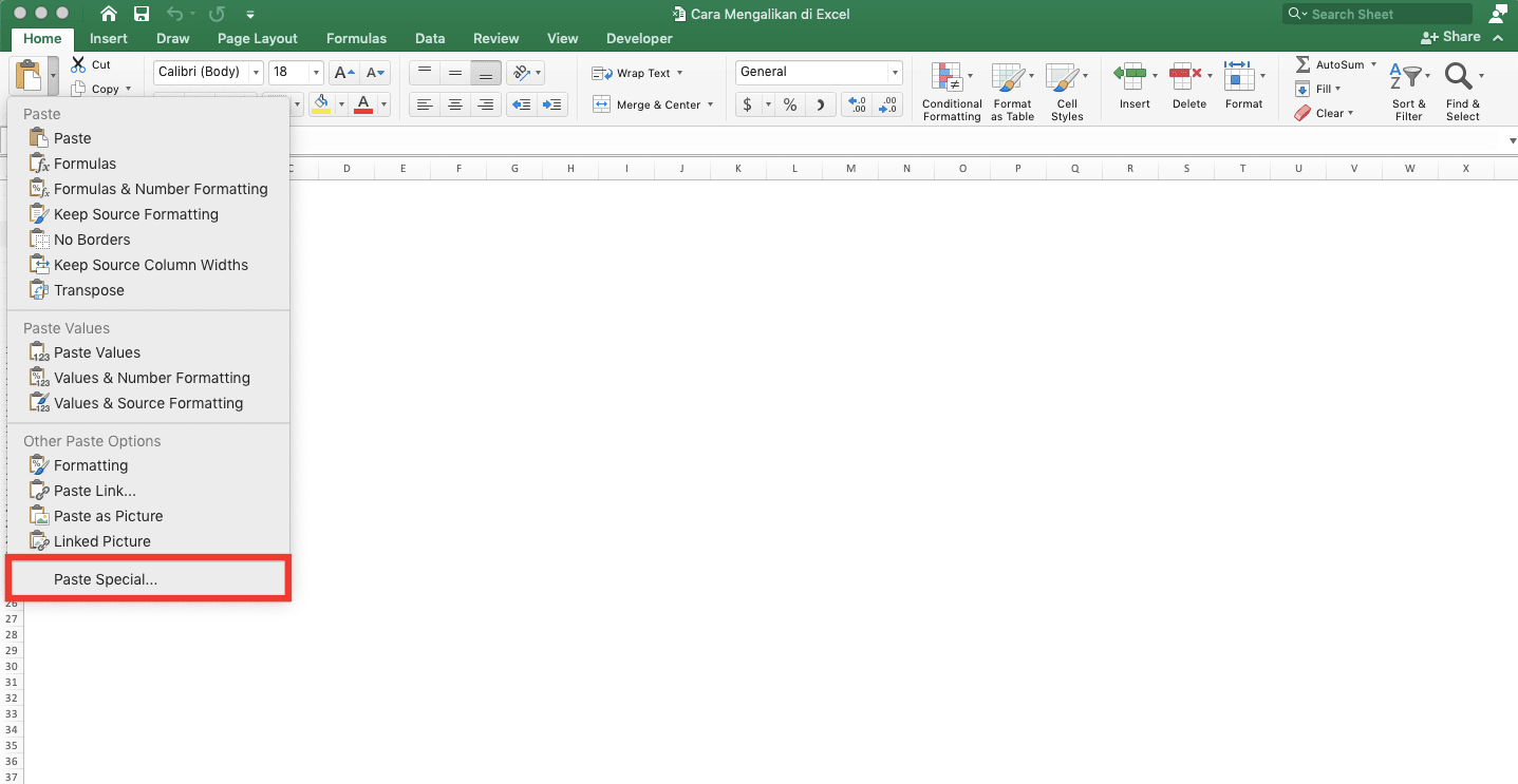 Cara Mengalikan di Excel Beserta Berbagai Rumus dan Fungsinya - Screenshot Lokasi Paste Special Dari Dropdown Menu Paste