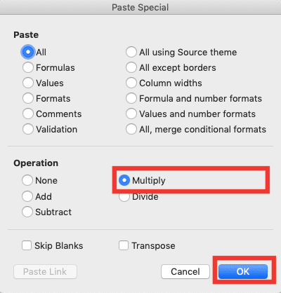 Cara Mengalikan di Excel Beserta Berbagai Rumus dan Fungsinya - Screenshot Lokasi Multiply dan OK di Dialog Box Paste Special