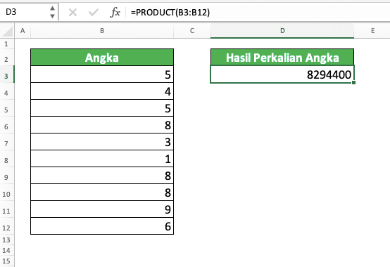 Cara Mengalikan di Excel Beserta Berbagai Rumus dan Fungsinya - Screenshot Contoh Penggunaan Rumus PRODUCT di Excel