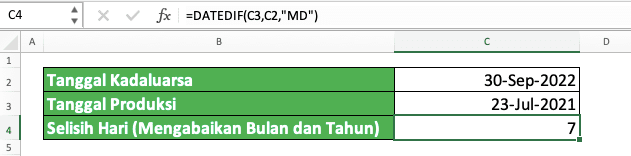 Cara Pengurangan di Excel Beserta Berbagai Rumus dan Fungsinya - Screenshot Contoh Cara Pertama Pengurangan Hari/Bulan/Tahun di Excel Menggunakan DATEDIF