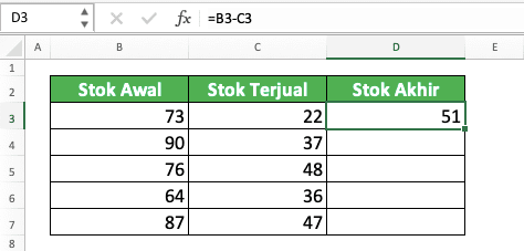 Cara Pengurangan di Excel Beserta Berbagai Rumus dan Fungsinya - Screenshot Contoh Rumus Pengurangan Kolom di Excel