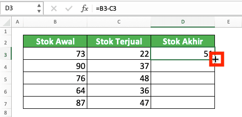 Cara Pengurangan di Excel Beserta Berbagai Rumus dan Fungsinya - Screenshot Contoh Tanda + Kursor Untuk Menyalin Rumus Pengurangan Kolom di Excel