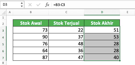 Cara Pengurangan di Excel Beserta Berbagai Rumus dan Fungsinya - Screenshot Contoh Hasil Pengurangan Kolom di Excel