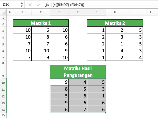 Cara Pengurangan di Excel Beserta Berbagai Rumus dan Fungsinya - Screenshot Contoh Pengurangan Matriks di Excel