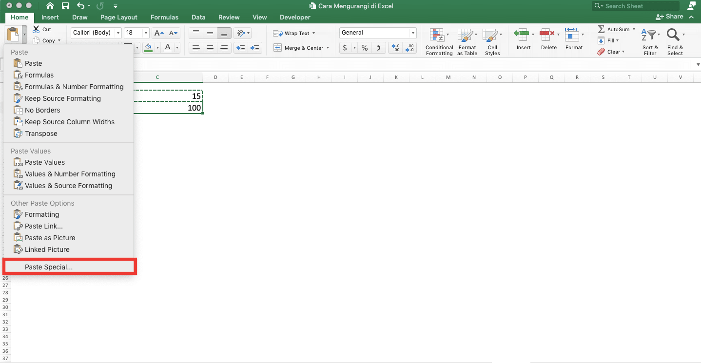 Cara Pengurangan di Excel Beserta Berbagai Rumus dan Fungsinya - Screenshot Lokasi Pilihan Paste Special di Dropdown Menu Paste