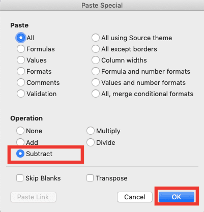 Cara Pengurangan di Excel Beserta Berbagai Rumus dan Fungsinya - Screenshot Pilihan Subtract dan OK di Dialog Box Menu Paste Special