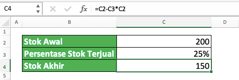 Cara Pengurangan di Excel Beserta Berbagai Rumus dan Fungsinya - Screenshot Contoh Cara Pertama Pengurangan Persen di Excel