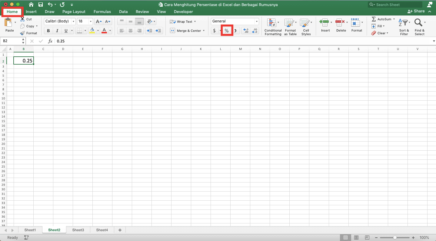 Cara Menghitung Persen di Excel dan Berbagai Rumusnya - Screenshot Lokasi Tab Home dan Tombol Percent Style di Excel