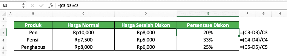 Cara Menghitung Persen di Excel dan Berbagai Rumusnya - Screenshot Contoh Cara Menghitung Persentase Diskon di Excel