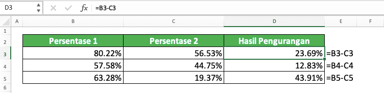 Cara Menghitung Persen di Excel dan Berbagai Rumusnya - Screenshot Contoh Cara Menghitung Pengurangan Persentase di Excel