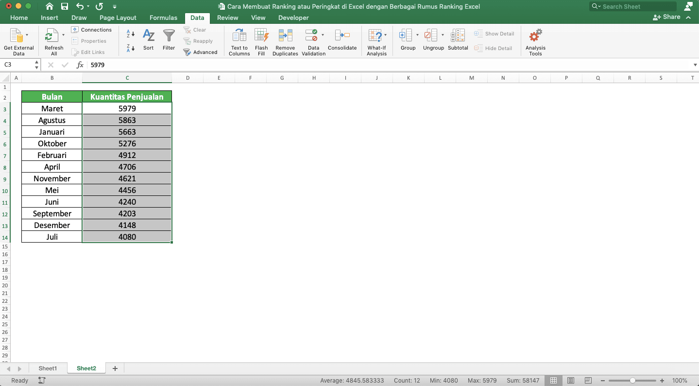 Cara Membuat Ranking/Peringkat di Excel dengan Berbagai Rumus Ranking Excel - Screenshot Cara Ranking Menggunakan Fitur Sort, Langkah 4