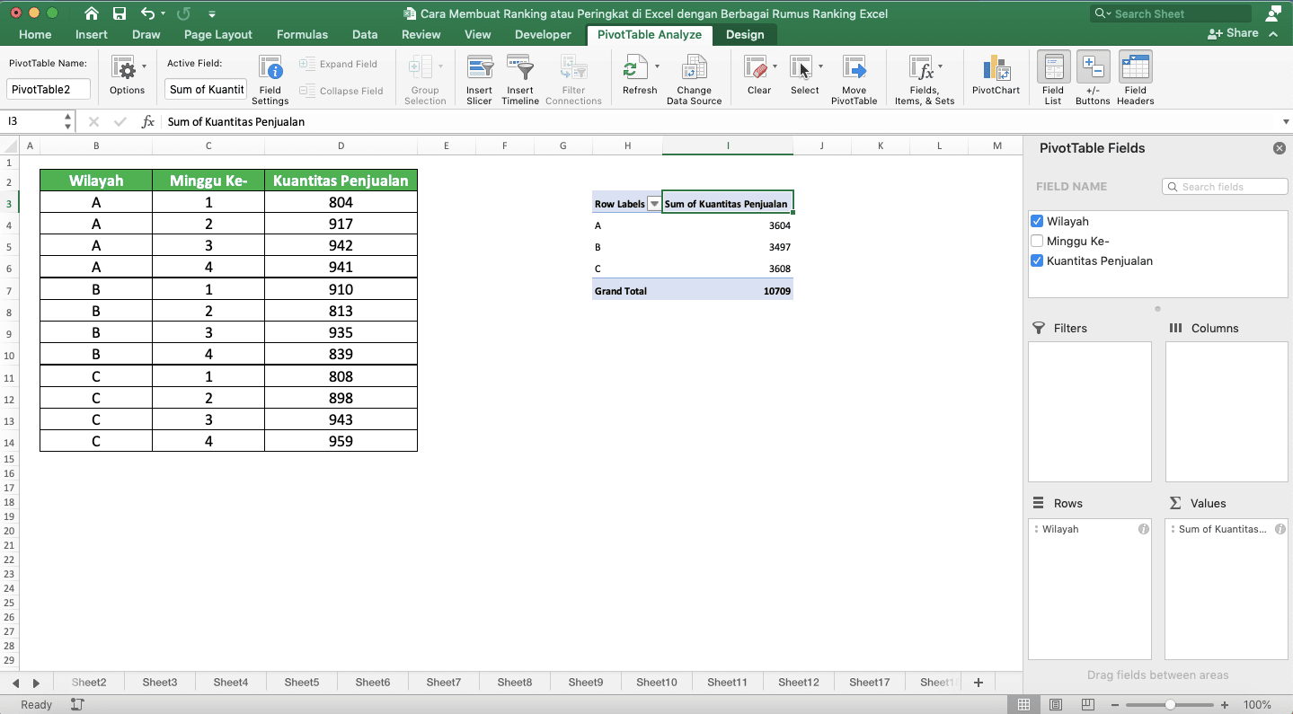 Cara Membuat Ranking/Peringkat di Excel dengan Berbagai Rumus Ranking Excel - Screenshot Tabel Pivot untuk Contoh Implementasi Merangking di Tabel Pivot