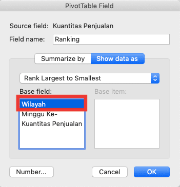 Cara Membuat Ranking/Peringkat di Excel dengan Berbagai Rumus Ranking Excel - Screenshot Contoh Pemilihan Variabel Label Nilai di Boks Base Field