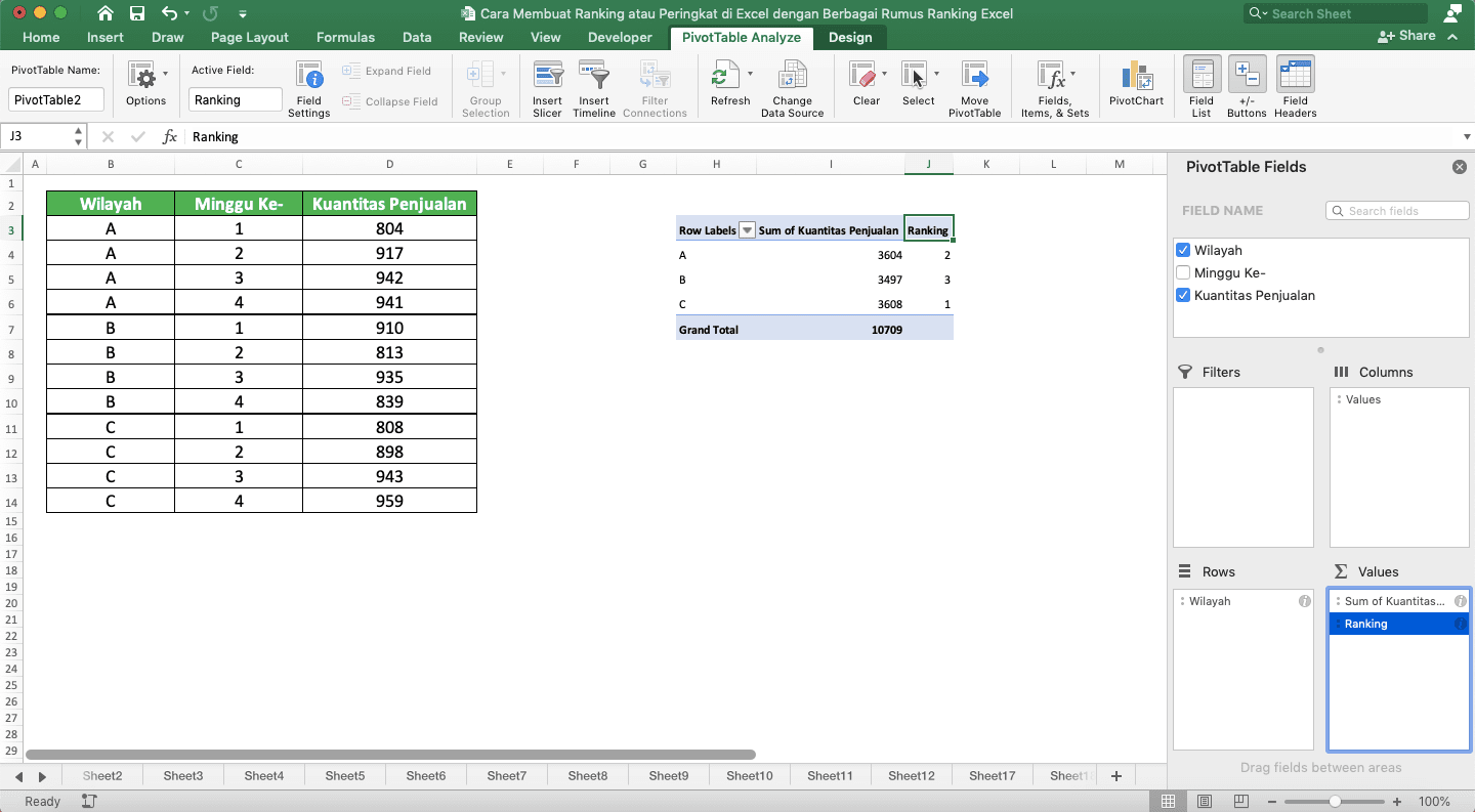 Cara Membuat Ranking/Peringkat di Excel dengan Berbagai Rumus Ranking Excel - Screenshot Contoh Hasil Ranking di Tabel Pivot