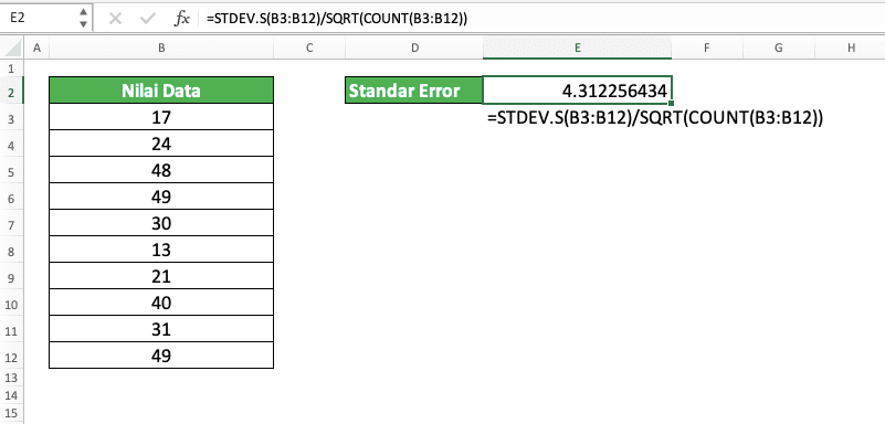 Cara Menghitung Standar Deviasi (Simpangan Baku) di Excel dengan Berbagai Rumus & Fungsi Excel - Screenshot Contoh Perhitungan Standar Error (Standard Error of the Mean) di Excel