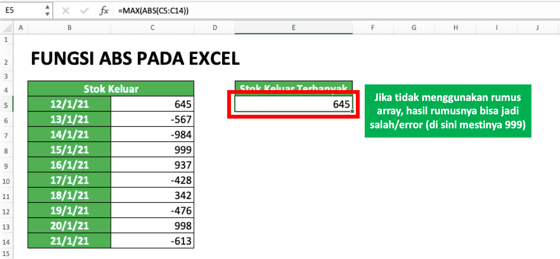 Cara Menggunakan Fungsi ABS Pada Excel: Kegunaan, Contoh, dan Penulisan Rumus - Screenshot Contoh Hasil Salah Karena Tidak Menggunakan Rumus Array ABS di Saat Seharusnya Digunakan