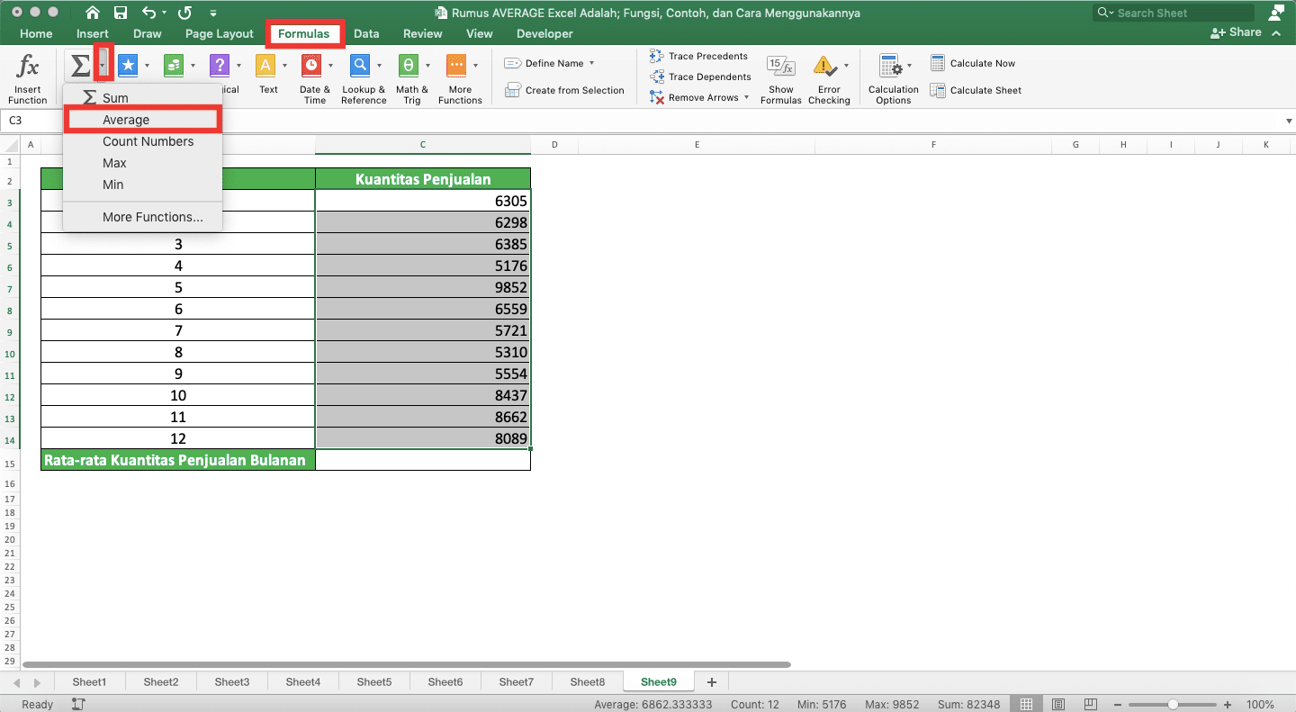 Rumus AVERAGE Excel Adalah; Fungsi, Contoh, dan Cara Menggunakannya - Screenshot Lokasi Tab Formulas, Dropdown Tombol AutoSum, dan Pilihan AutoAverage di Excel