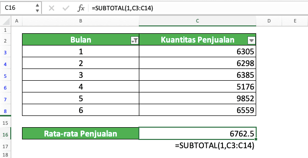 Rumus AVERAGE Excel Adalah; Fungsi, Contoh, dan Cara Menggunakannya - Screenshot Contoh Implementasi SUBTOTAL untuk Penggunaan AVERAGE pada Cell Range Terfilter