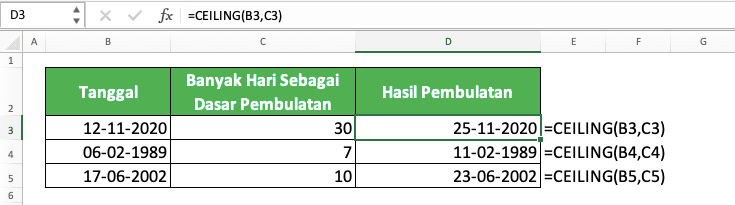 Cara Menggunakan Rumus CEILING Excel: Fungsi, Contoh, dan Langkah Penulisan - Screenshot Contoh Implementasi CEILING untuk Membulatkan Tanggal ke Atas