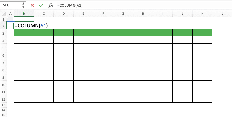 Cara Menggunakan Fungsi COLUMN pada Microsoft Excel: Kegunaan, Contoh, dan Langkah Penulisan - Screenshot Contoh Penulisan COLUMN untuk Penomoran Kolom-Kolom dalam Suatu Tabel Data