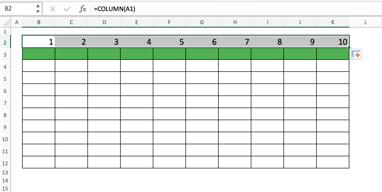 Cara Menggunakan Fungsi COLUMN pada Microsoft Excel: Kegunaan, Contoh, dan Langkah Penulisan - Screenshot Contoh Hasil Implementasi COLUMN untuk Penomoran Kolom-Kolom dalam Suatu Tabel Data
