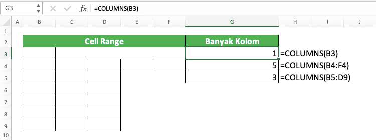 Cara Menggunakan Rumus COLUMNS Excel: Fungsi, Contoh, dan Langkah Penulisan - Screenshot Contoh Implementasi COLUMNS