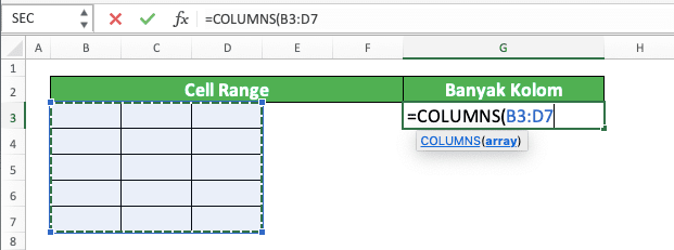 Cara Menggunakan Rumus COLUMNS Excel: Fungsi, Contoh, dan Langkah Penulisan - Screenshot Langkah 3