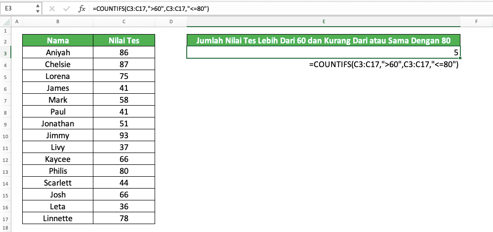 Cara Menggunakan Rumus COUNTIFS Excel: Fungsi, Contoh, dan Langkah Penulisan - Screenshot Contoh Implementasi COUNTIFS Untuk Menghitung Banyak Angka dalam Suatu Range di Excel