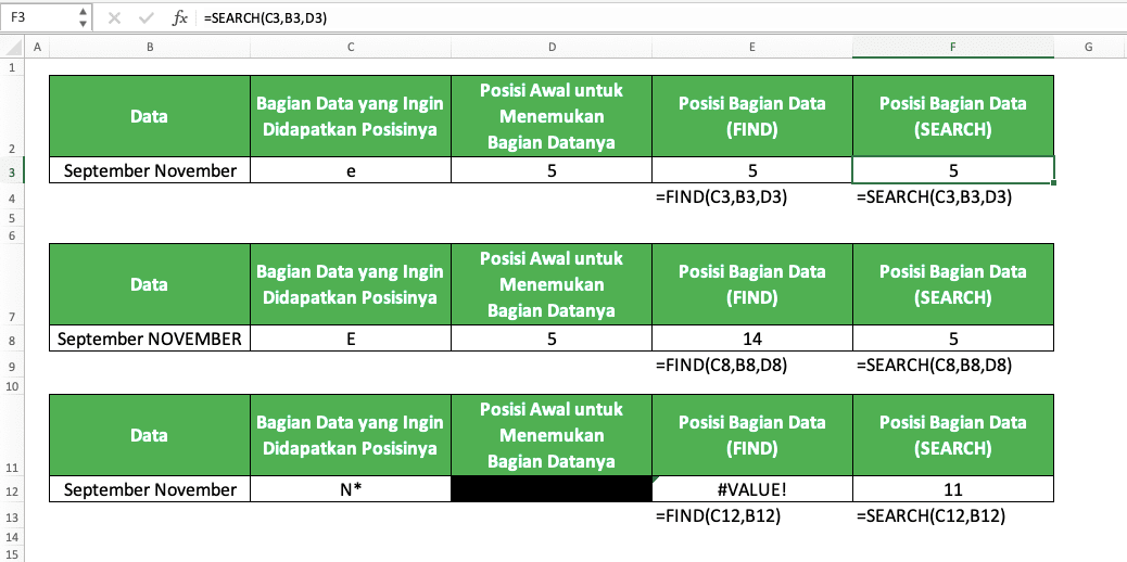 Cara Menggunakan Rumus FIND Excel: Fungsi, Contoh, dan Langkah Penulisan - Screenshot Perbandingan Contoh Implementasi FIND dan SEARCH