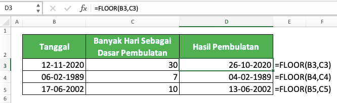 Cara Menggunakan Rumus FLOOR Excel: Fungsi, Contoh, dan Langkah Penulisan - Screenshot Contoh Implementasi Rumus FLOOR untuk Membulatkan Tanggal