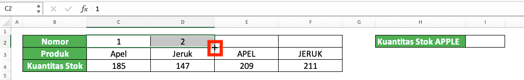 Rumus HLOOKUP di Excel: Fungsi, Contoh, dan Cara Menggunakannya - Screenshot Contoh Bentuk Tanda + untuk AutoFill Baris Nomor