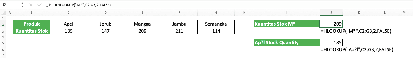 Rumus HLOOKUP di Excel: Fungsi, Contoh, dan Cara Menggunakannya - Screenshot Contoh Implementasi HLOOKUP dengan Karakter Wildcard